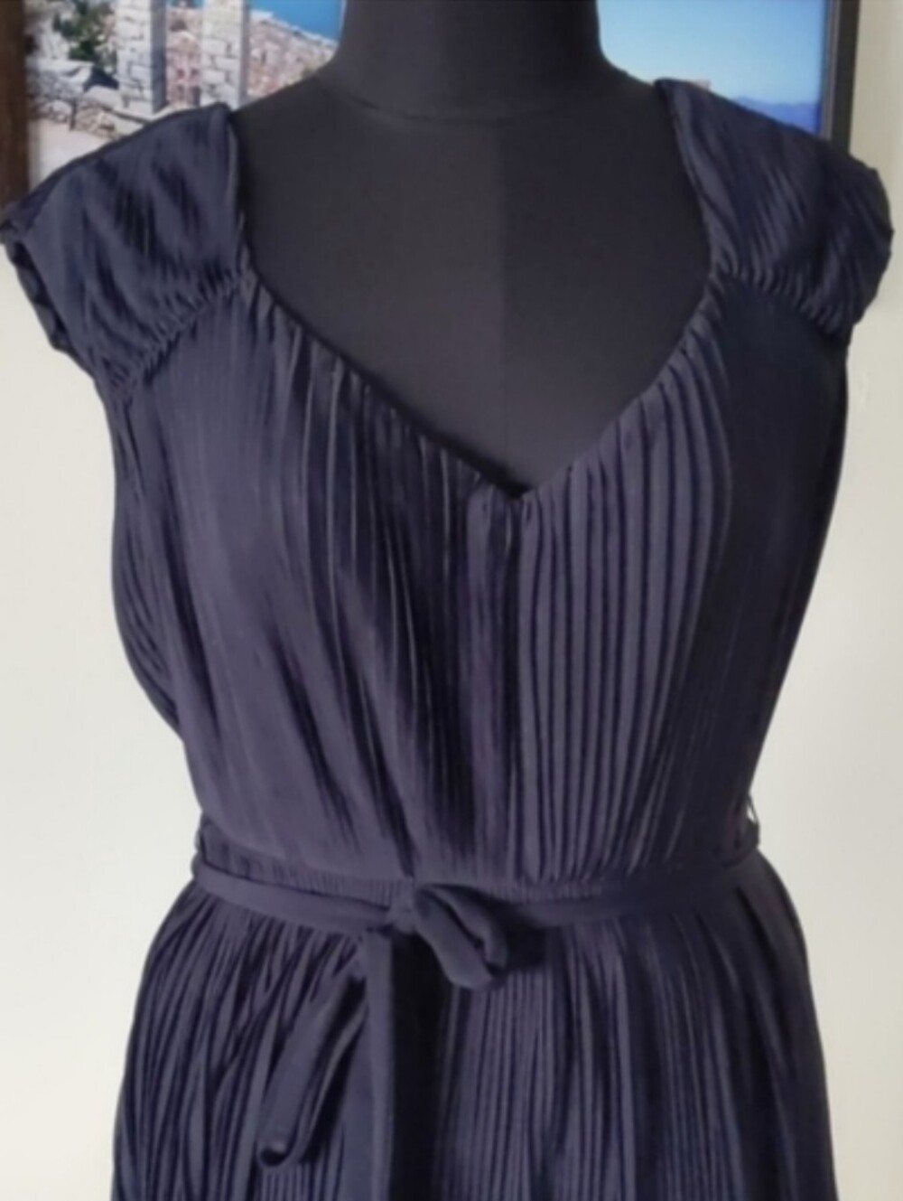 H&M Navy Pleated Mini Dress With Belt Like New-4/Small - Picture 2 of 4